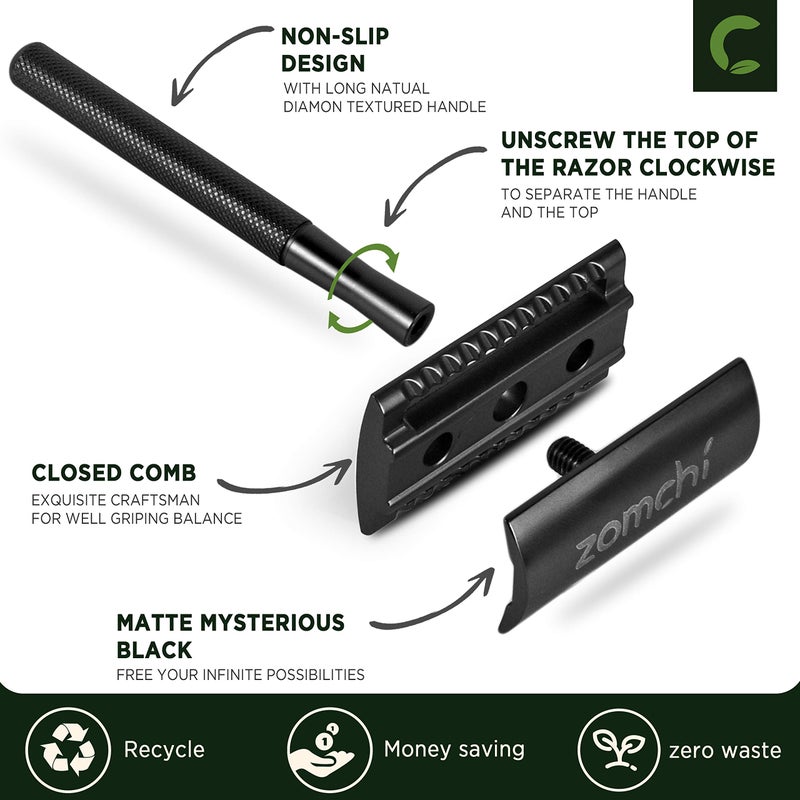 ZOMCHI Safety Razor for Men with 5 Double Edge Safety Razor Blades, One Blade Safety Razor, Metal Razor Zero Waste â€“ Black - Image 2